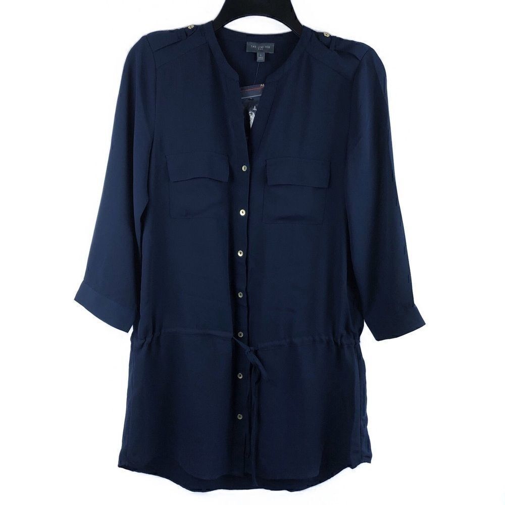 The Limited Top Tunic Navy Blue Button Front Cuffs Tie Waist Small